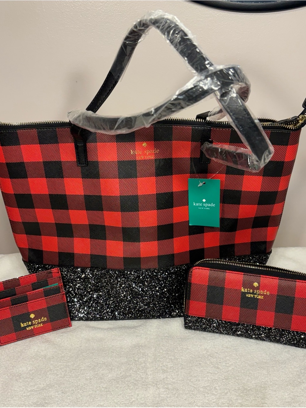 Kate Spade Buffalo Plaid Glitter Tote Wallet Card Holder 3PC Set NWT
